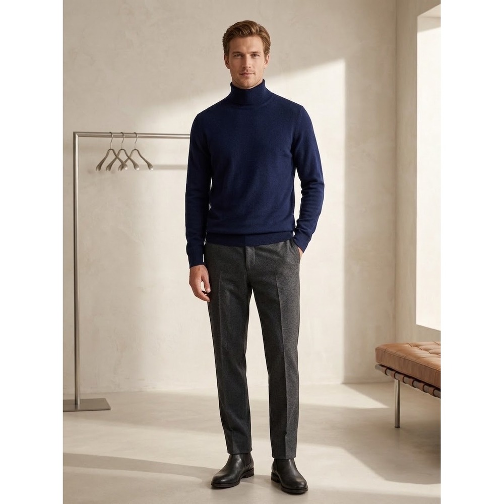 Brodie Cashmere Mens Navy Blue Merino Wool Cashmere Turtleneck Sweater Size M